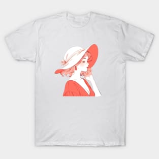 Minimalist line art pretty girl in red T-Shirt